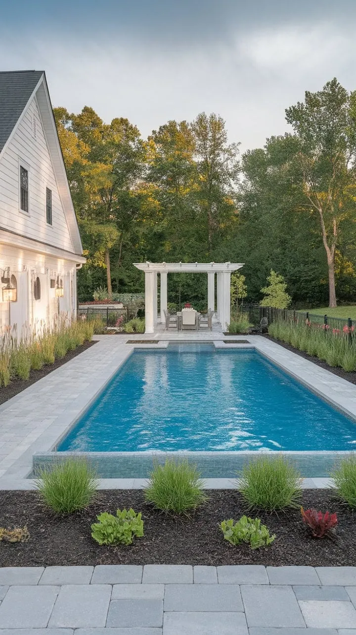 Discover a serene farmhouse retreat where a sparkling blue pool and elegant garden harmoniously invite relaxation and entertainment.