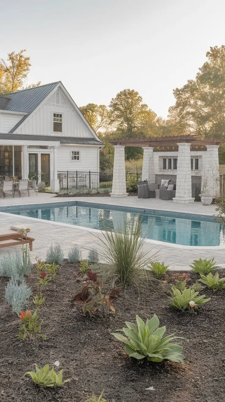 Waking up to a picturesque farmhouse with a sparkling pool and lush gardens is the ultimate dream of serene luxury and relaxation.