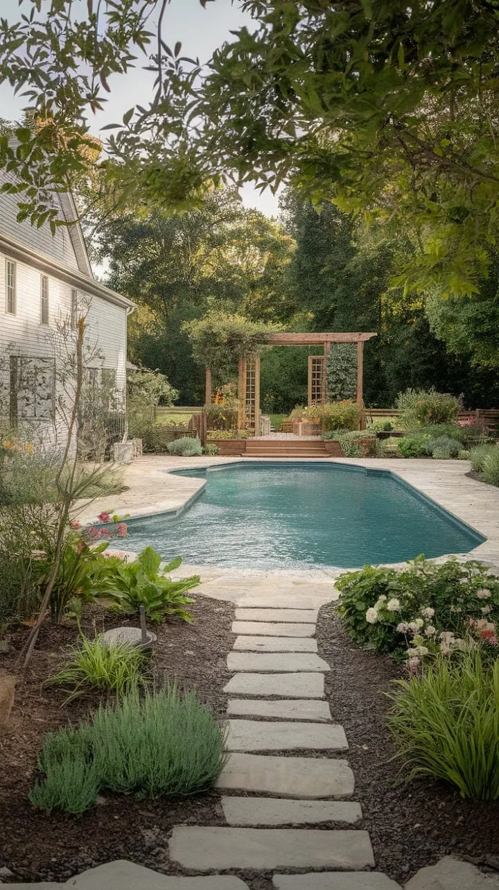 Wake up to a serene pool nestled in lush greenery, where nature's beauty meets the comfort of your farmhouse—a dream escape come to life.