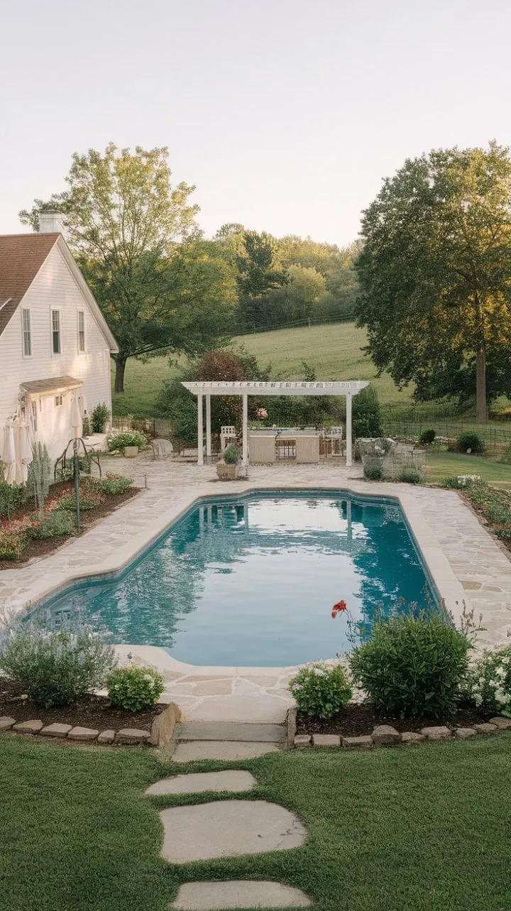 This farmhouse oasis harmoniously combines rustic charm with modern luxury, featuring lush gardens, a sparkling pool, and a serene pergola for the ultimate nature retreat.