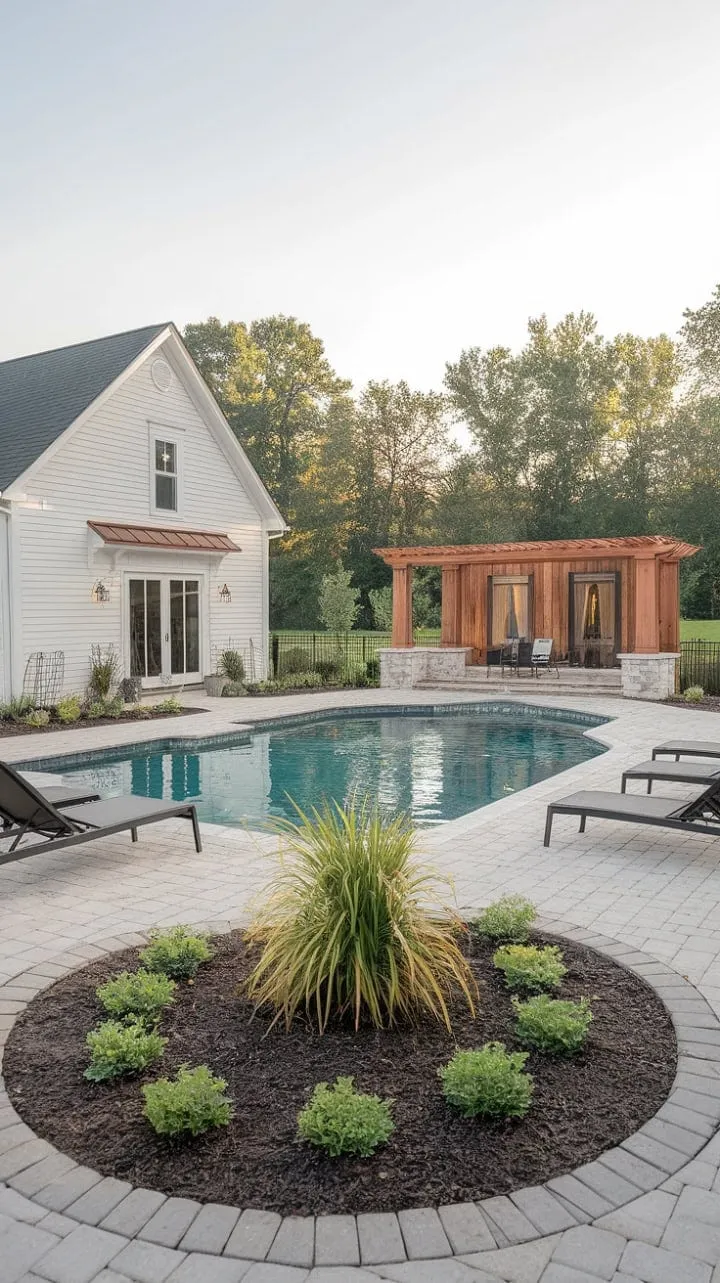 This farmhouse elegantly fuses rustic charm with modern luxury, featuring a serene backyard oasis with an inviting pool, shaded pergola, and beautifully designed landscaping for the ultimate summer retreat.