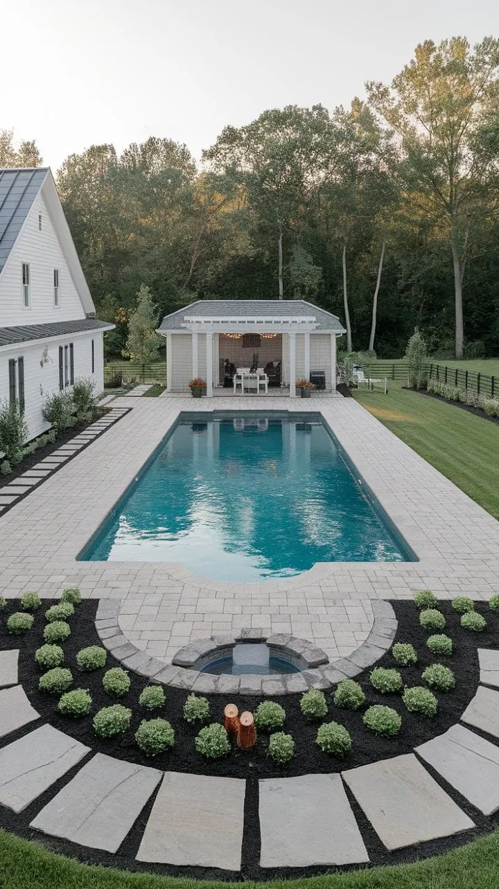 This enchanting farmhouse retreat harmoniously combines rustic charm with modern luxury, featuring a serene garden oasis complete with a sparkling pool and a cozy pergola-covered pool house.