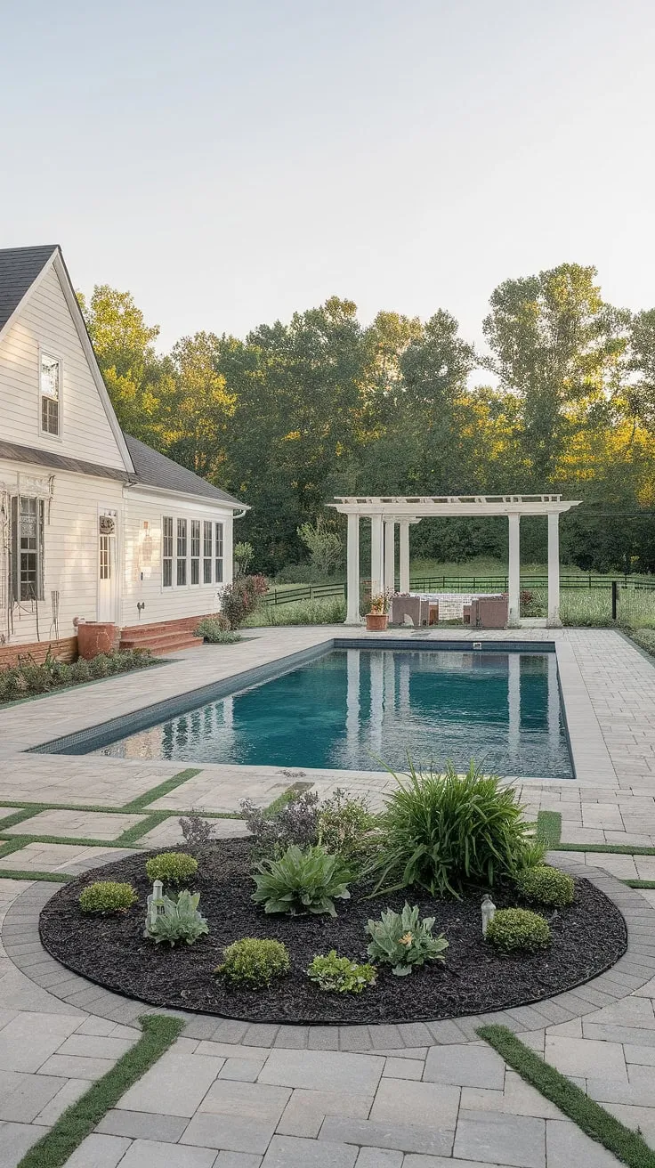A picture-perfect setting: a stunning farmhouse, complete with a refreshing pool, a vibrant garden, and a delightful pergola-covered pool house. A dream come true for those seeking tranquility and outdoor bliss.