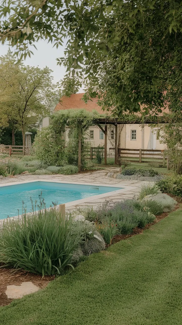 Escape to this idyllic farmhouse retreat, where the tranquil poolside garden offers a perfect blend of nature's beauty and comfortable luxury. The stone patio, shaded pergola, and lush greenery create an oasis of calm, a true sanctuary for relaxation and rejuvenation. A perfect place to unwind and reconnect with nature.