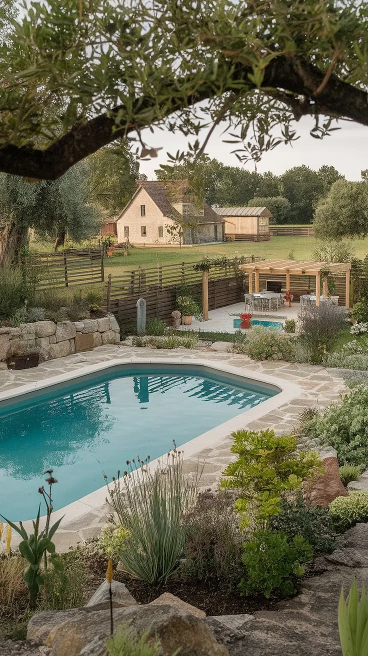 This stunning farmhouse property offers the ultimate in peaceful living. A private oasis awaits, complete with a sparkling pool, lush gardens, and a charming pool house. A dream come true.