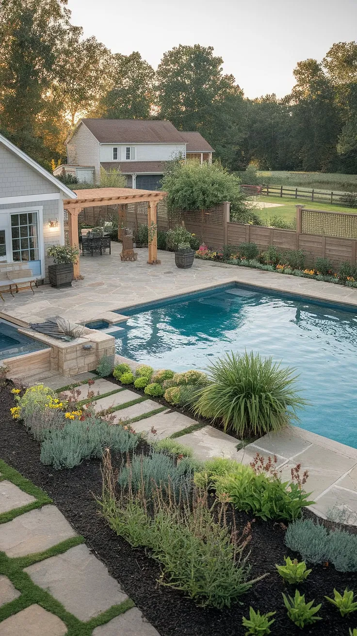 This idyllic farmhouse retreat seamlessly blends rustic charm with modern luxury. The meticulously designed garden, complete with a sparkling pool and inviting pergola-covered pool house, offers a tranquil escape where every detail, from the stone paving to the lush planting, has been carefully considered. A true sanctuary awaits.