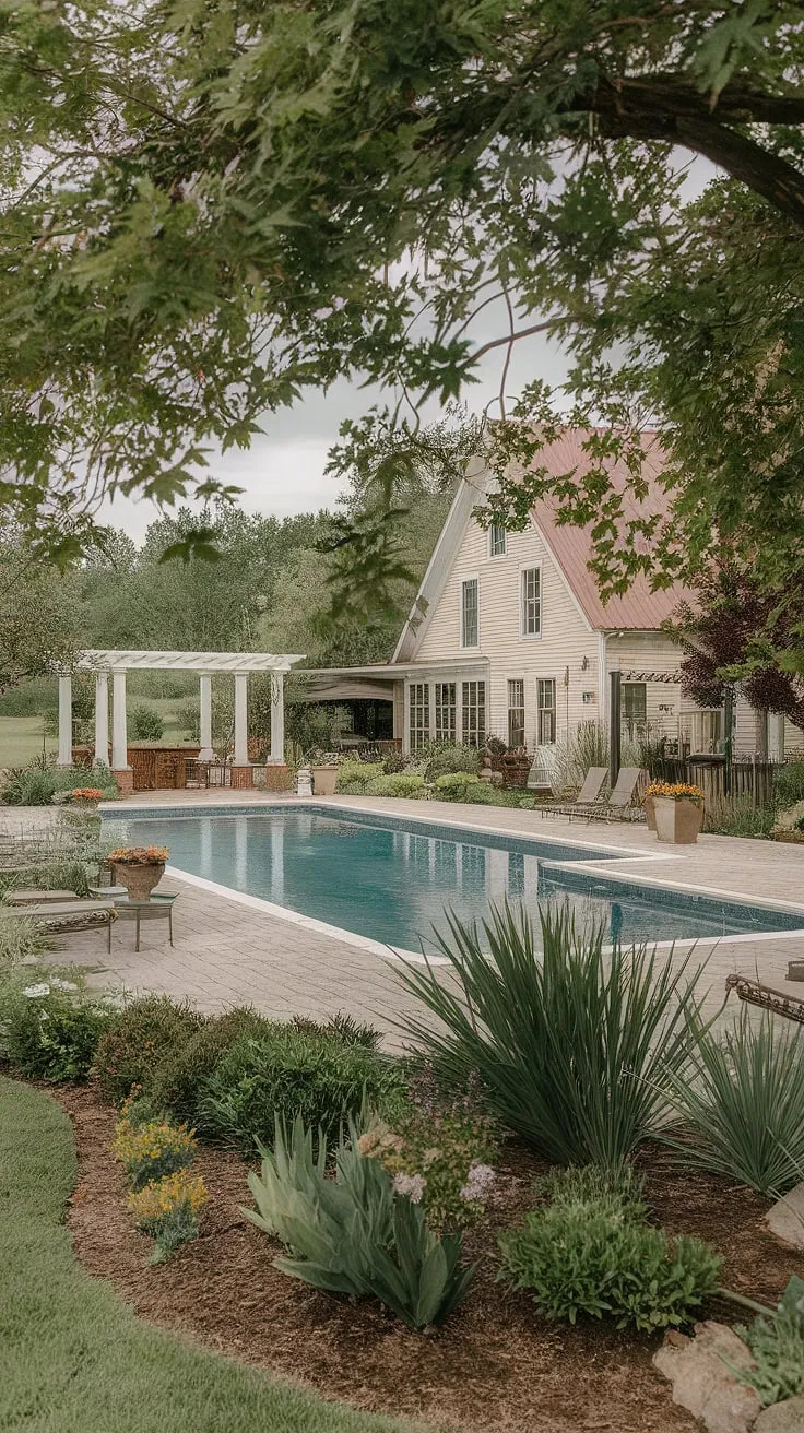 Escape to this idyllic farmhouse, where tranquil mornings unfold beside a shimmering pool nestled amongst lush gardens. The inviting pergola offers a perfect spot for afternoon relaxation, a true sanctuary from the everyday. A perfect blend of rustic charm and modern comfort awaits.
