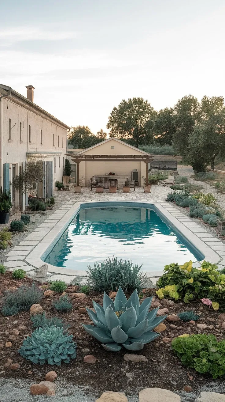 Escape to this idyllic farmhouse retreat, where the tranquil sounds of nature blend seamlessly with the refreshing splash of the pool. A perfect blend of rustic charm and modern luxury awaits. A stone patio, lush gardens, and a charming pool house complete this serene oasis.
