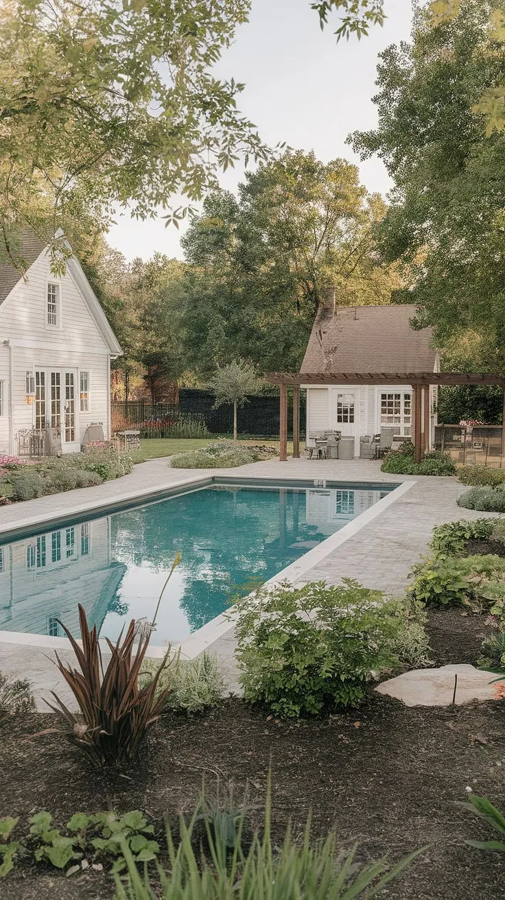 Escape to tranquility. This farmhouse retreat offers the perfect blend of rustic charm and modern luxury, complete with a sparkling pool, lush gardens, and a serene atmosphere that invites relaxation and rejuvenation. The meticulously designed landscape, featuring a charming pergola and inviting pool house, creates an idyllic setting for unforgettable moments.