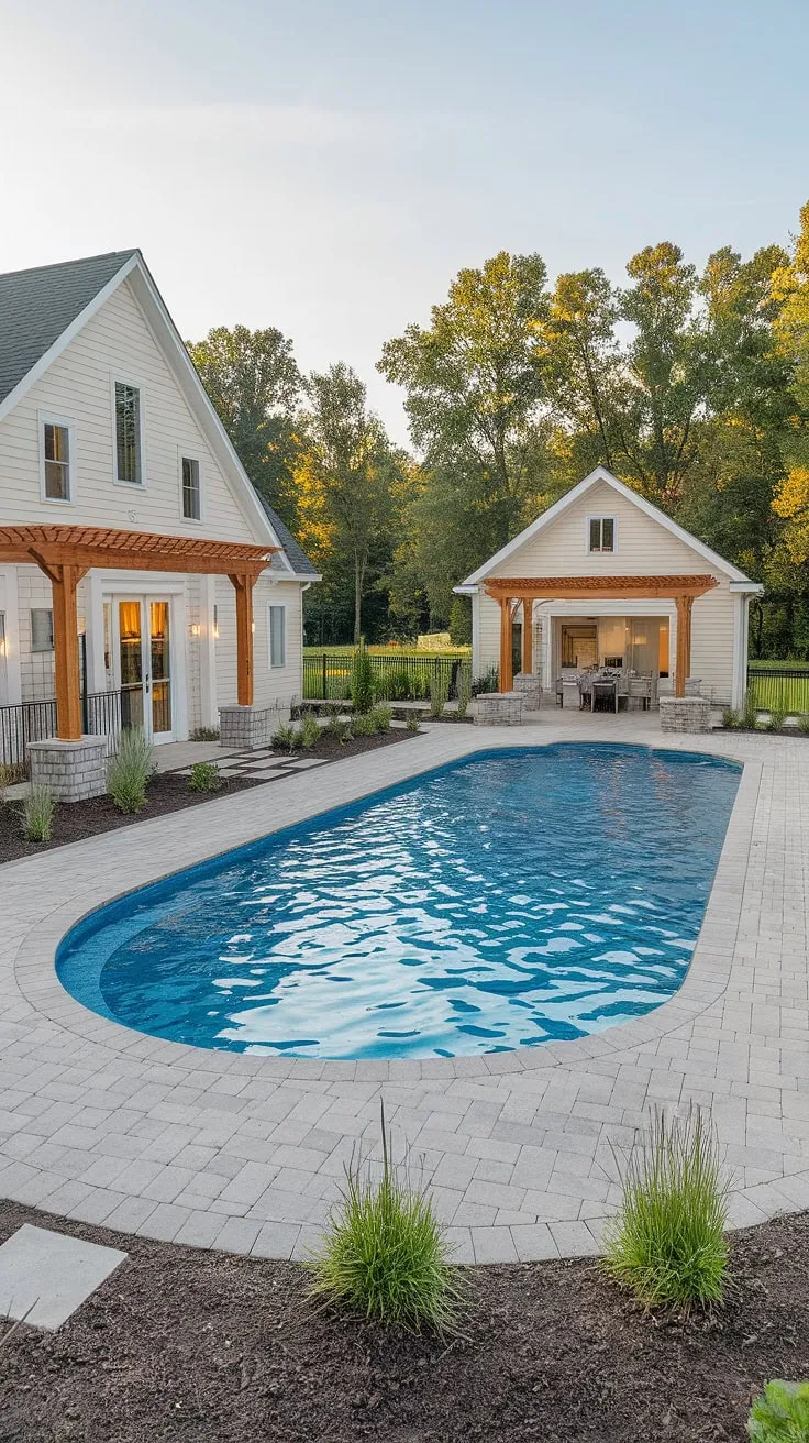 Imagine summer days spent lounging by this stunning pool, nestled in the heart of a picturesque farmhouse setting. The carefully designed garden, complete with a pergola-covered pool house, adds a touch of elegance. A dream backyard come to life.