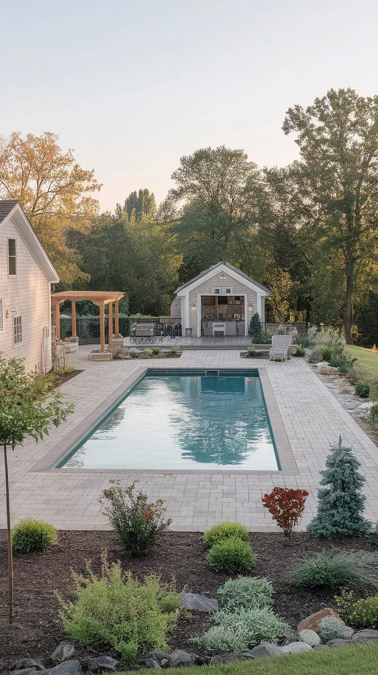 This farmhouse oasis seamlessly blends rustic charm with modern luxury. The inviting pool, surrounded by a meticulously designed garden and a charming pool house, creates a tranquil retreat perfect for relaxation and entertaining. A true testament to thoughtful design and idyllic living.