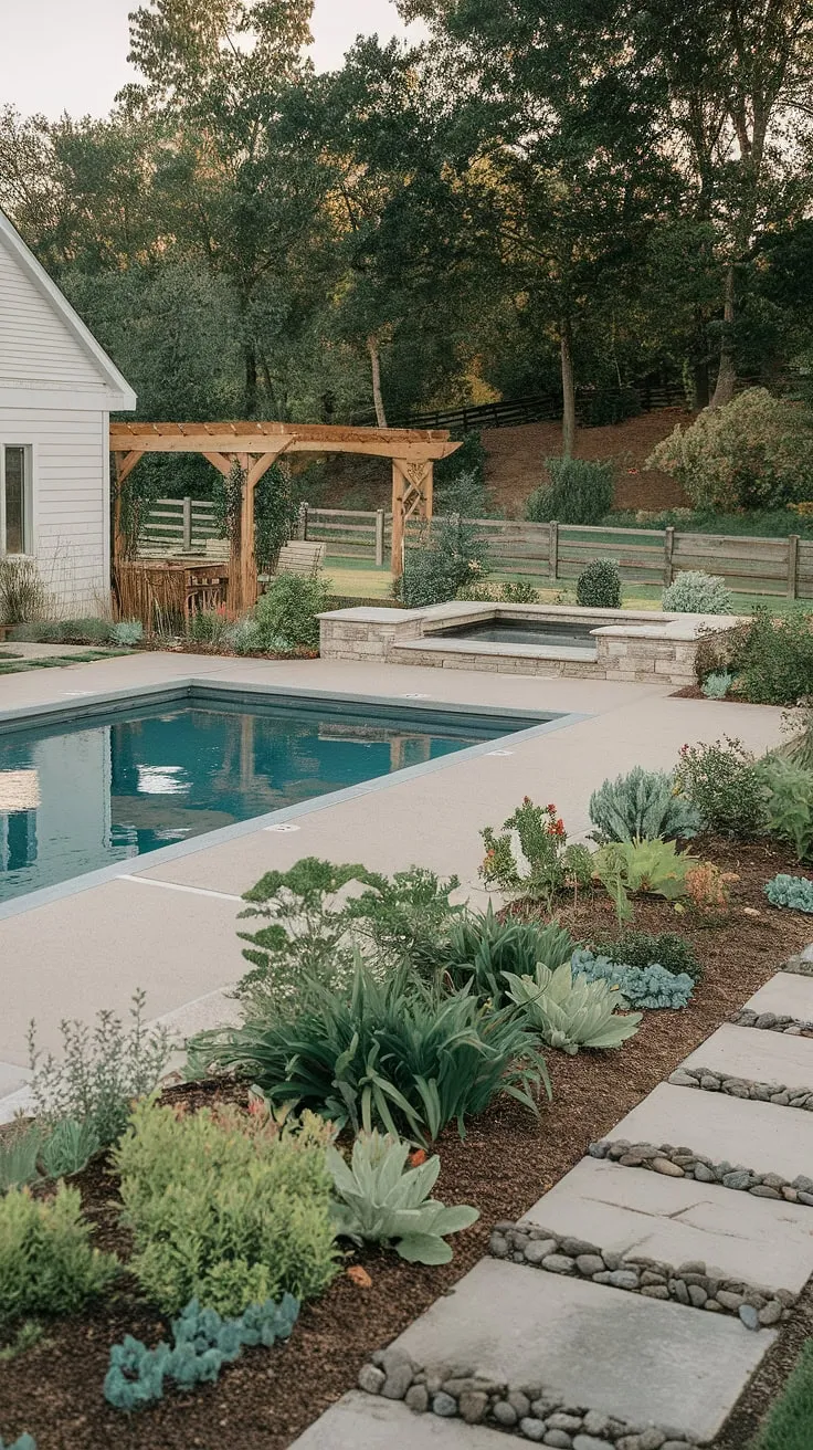 Escape to this idyllic farmhouse retreat, where the tranquil pool, surrounded by a flourishing garden, offers the perfect blend of rustic charm and modern luxury. The stone patio and wooden pergola add to the serene ambiance, creating an oasis of peace and relaxation. A true sanctuary awaits.