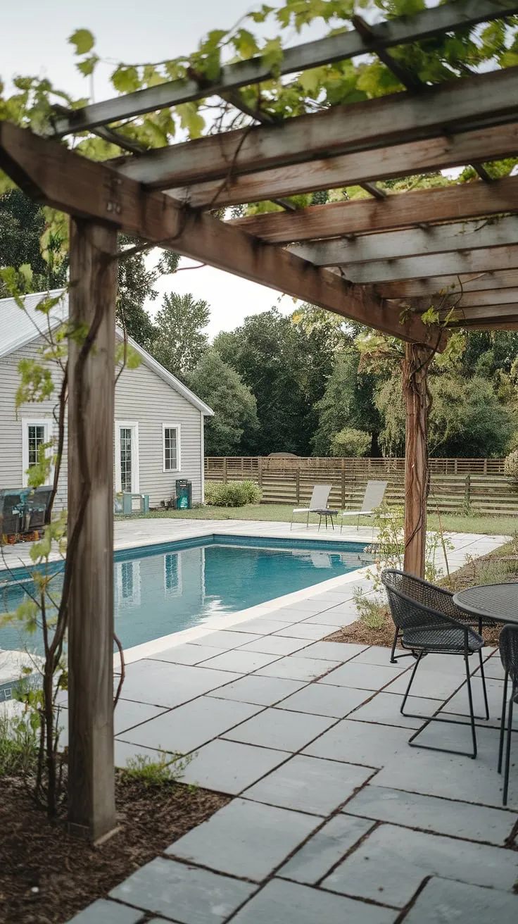 Escape to tranquility. This farmhouse retreat offers the perfect blend of rustic charm and modern comfort, complete with a refreshing pool, a shaded pergola perfect for afternoon siestas, and a serene atmosphere that invites relaxation. The grey stone paving adds a touch of understated elegance.