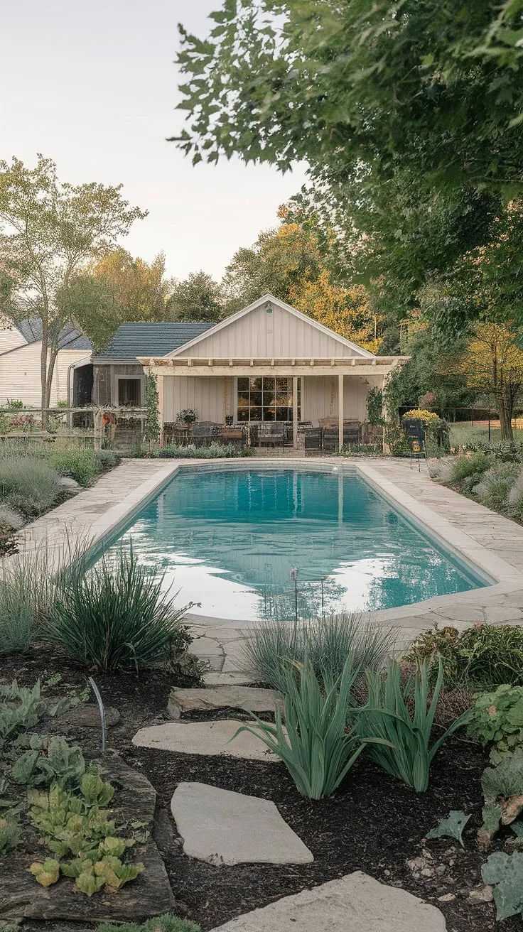 This stunning farmhouse boasts a private oasis: a sparkling pool nestled amongst vibrant gardens. A picturesque pool house with a pergola provides the perfect spot for relaxation. A true escape from the everyday, this property offers unparalleled serenity.