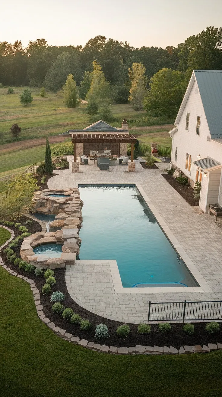 Sun-drenched days and tranquil evenings await at this idyllic farmhouse retreat. The inviting pool, nestled amongst lush gardens and a charming pool house, offers the perfect escape. A true testament to relaxed luxury.
