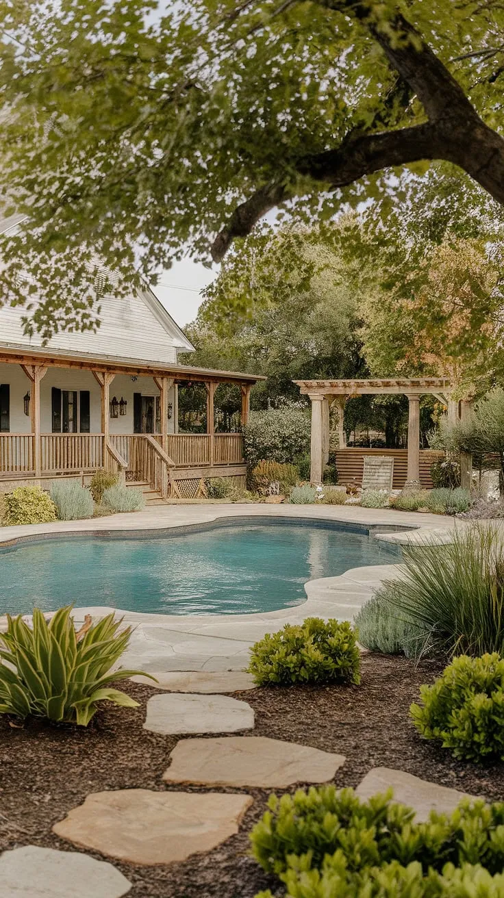 Escape to this idyllic farmhouse retreat, where rustic charm meets modern luxury. The sparkling pool, nestled amongst a vibrant garden, offers the perfect oasis for relaxation and rejuvenation. A stone patio and shaded pergola complete this tranquil haven.