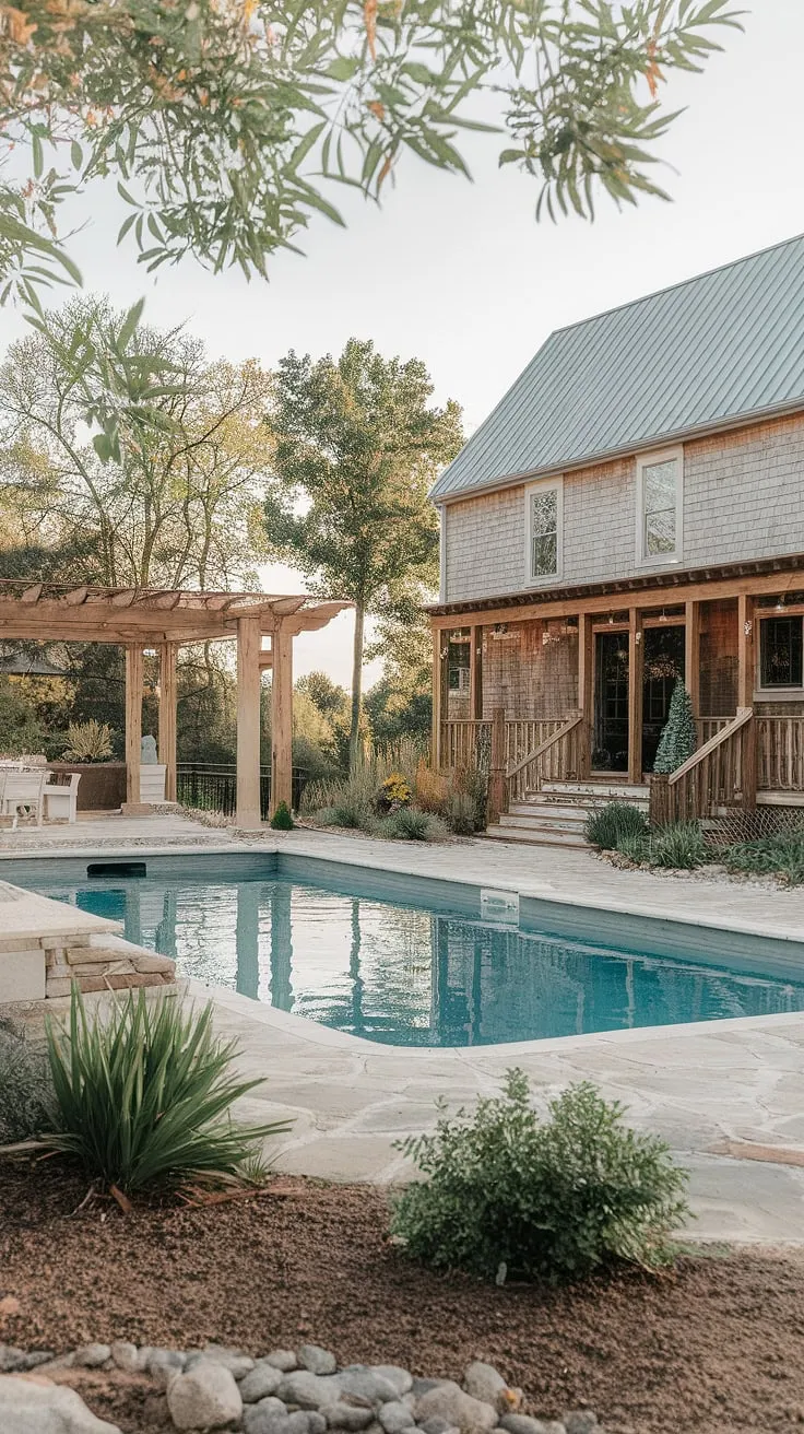 Escape to tranquility. This idyllic farmhouse and its inviting pool area, complete with a picturesque pool house and pergola, offer a serene retreat. The carefully landscaped grounds and stone paving create a haven of peace and A perfect blend of rustic elegance and modern comfort.