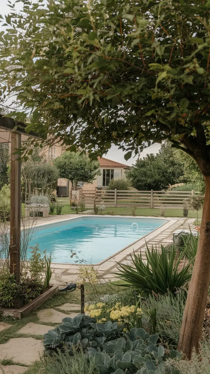 Escape to this idyllic farmhouse retreat, where the tranquility of the lush garden meets the refreshing allure of the private pool. The stone patio, shaded pergola, and charming wooden fence create a secluded oasis perfect for unwinding. A true sanctuary awaits.