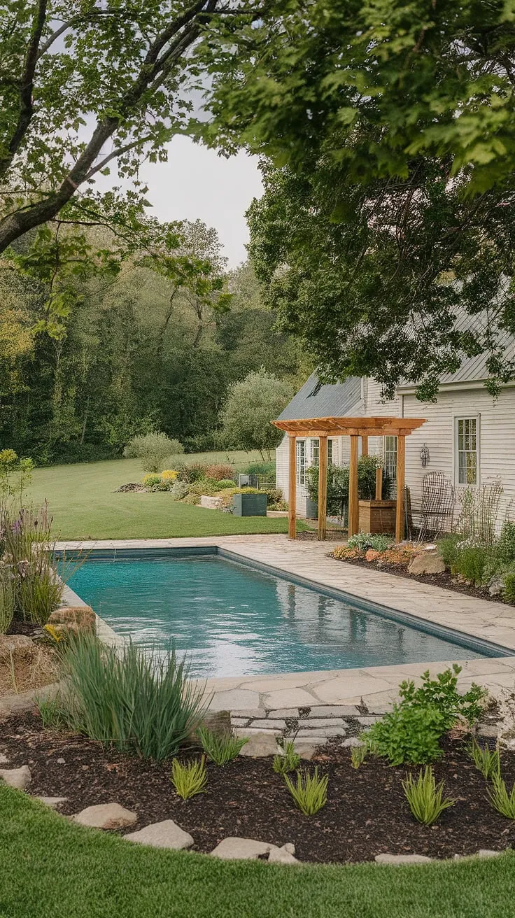 A picture-perfect setting. This charming farmhouse boasts a stunning backyard oasis, complete with a sparkling pool, vibrant gardens, and a peaceful pergola. A dream come true for those seeking a tranquil retreat.