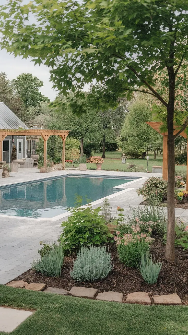 Escape to this idyllic backyard oasis, where a farmhouse-style pool shimmers amidst a flourishing garden. The tranquil atmosphere, enhanced by the shaded pergola and charming pool house, offers the perfect blend of rustic charm and luxurious relaxation. A true sanctuary awaits.