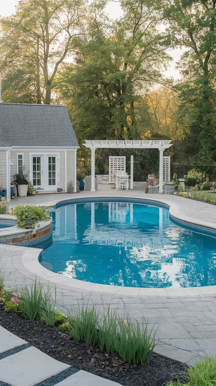 This idyllic backyard retreat boasts a stunning inground pool, perfectly complemented by a picturesque pool house and meticulously landscaped surroundings. A tranquil escape awaits, promising endless hours of sun-drenched relaxation and blissful summer days.