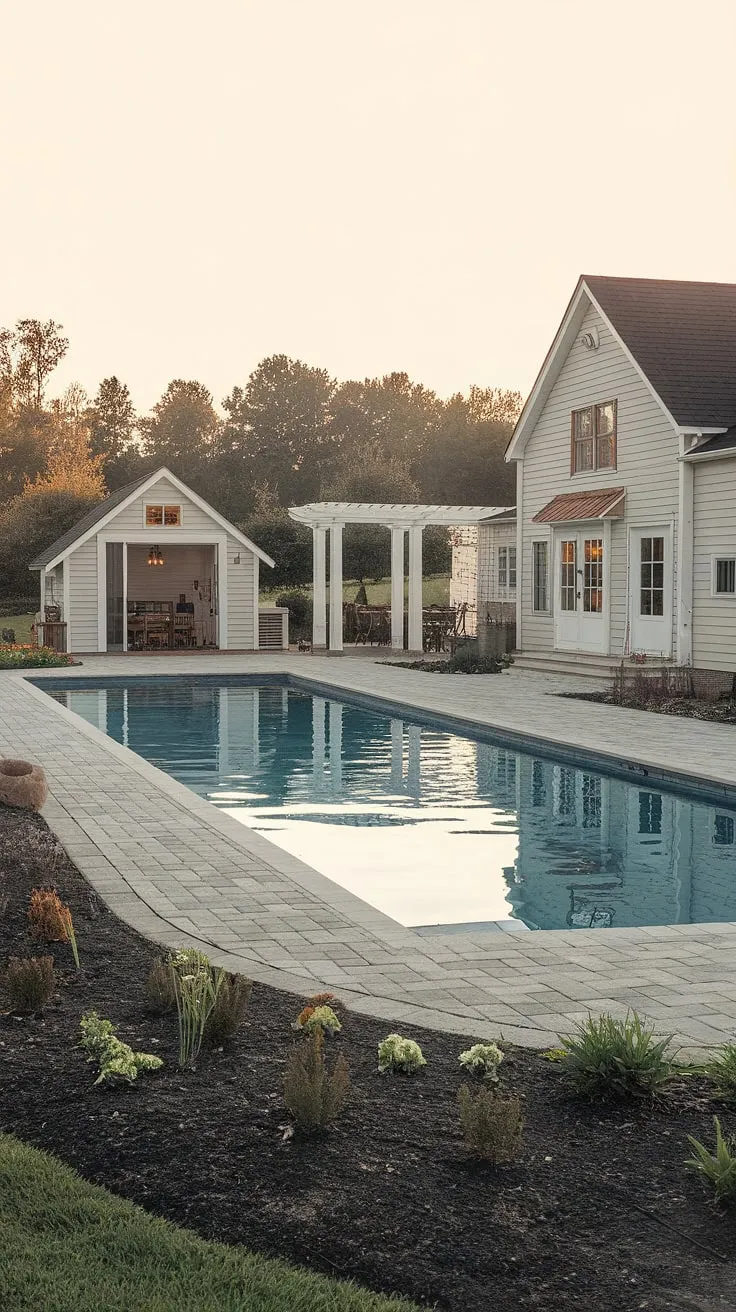 This charming farmhouse boasts the ultimate outdoor oasis. A sparkling pool, a picturesque pergola offering dappled shade, and a thoughtfully designed pool house complete this idyllic setting. A testament to peaceful country living, it's a place where memories are made. A haven of serenity.