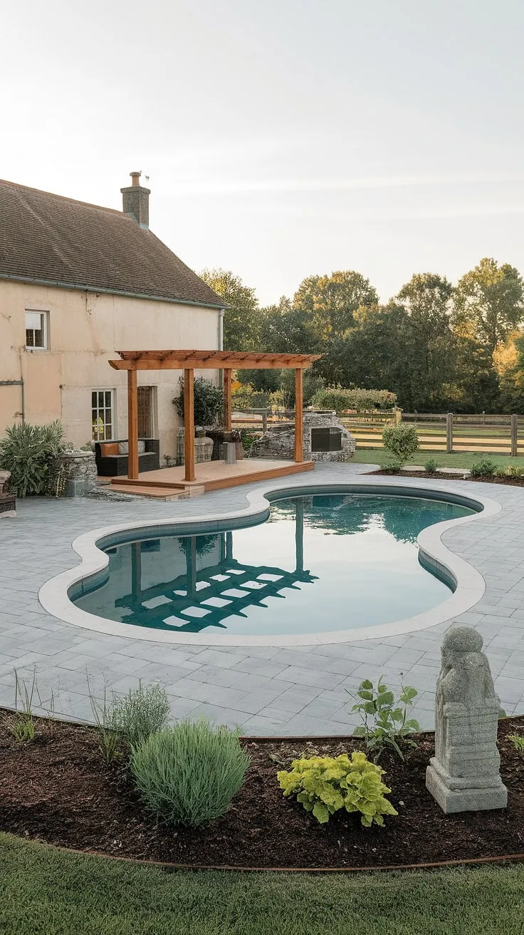 Escape to this idyllic farmhouse retreat, where the unique freeform pool beckons amidst a meticulously landscaped garden. The charming pool house and pergola offer a shaded sanctuary, perfect for relaxing after a refreshing dip. A tranquil oasis awaits.