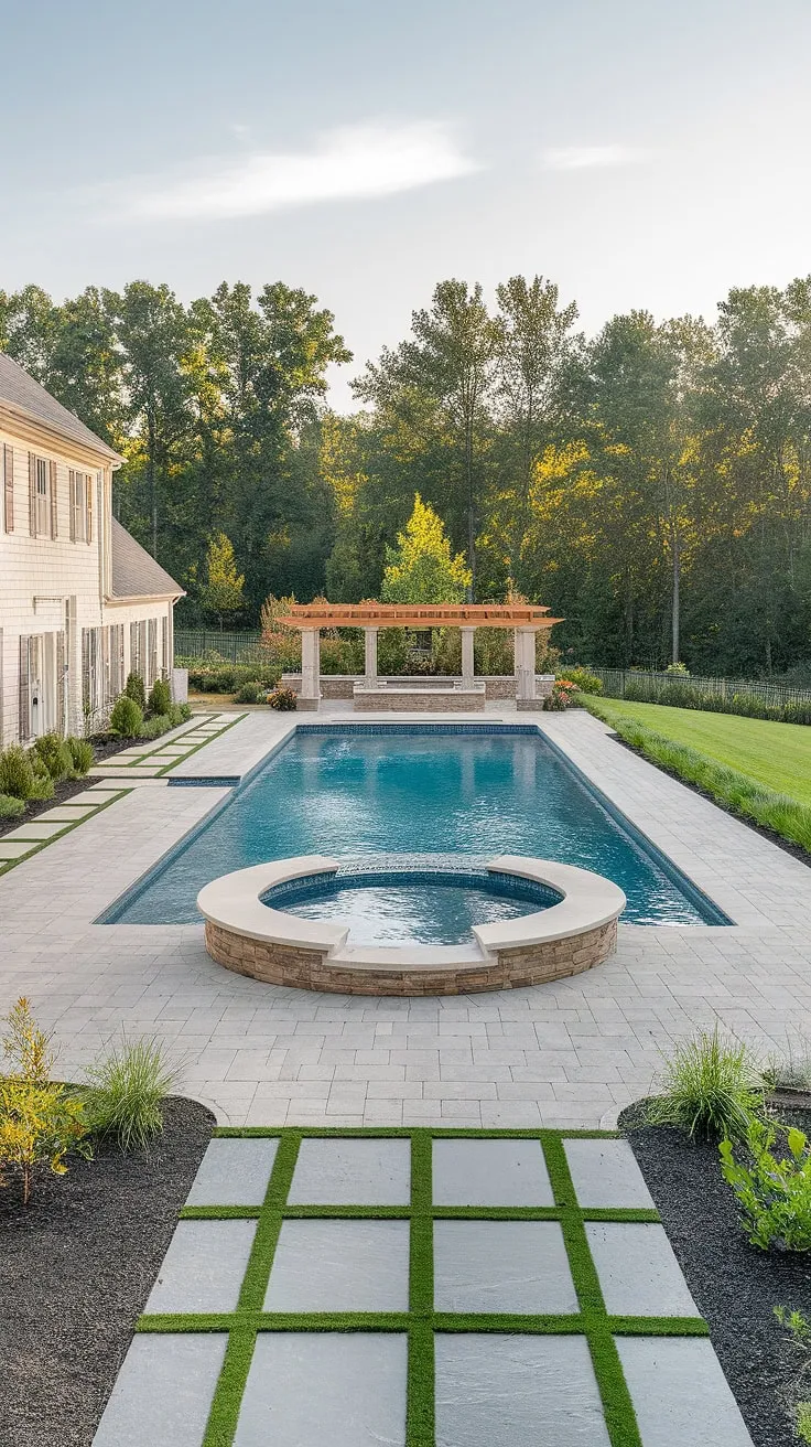 Escape to this idyllic farmhouse retreat. The stunning inground pool, nestled amongst vibrant greenery and bordered by elegant stone pavers, offers the perfect blend of rustic charm and modern luxury. A nearby pool house, shaded by a pergola, completes this breathtaking pool design.