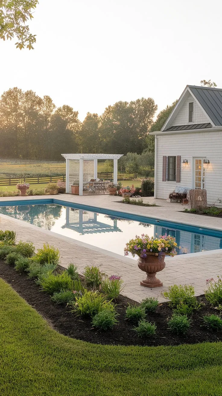 Escape to this idyllic farmhouse retreat, where sun-drenched days are spent lounging by the inviting pool and tranquil evenings are enjoyed under the pergola's shade. The meticulously landscaped garden, complete with vibrant flower pots, adds to the charm of this peaceful haven. A perfect blend of rustic charm and modern comfort.