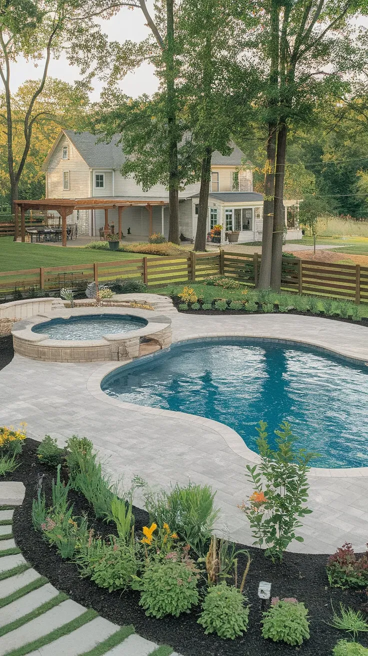 A tranquil escape awaits. The inviting pool, nestled amongst lush greenery and framed by the charming farmhouse, offers a sanctuary of peace and rejuvenation. A true haven where relaxation meets refined outdoor living.