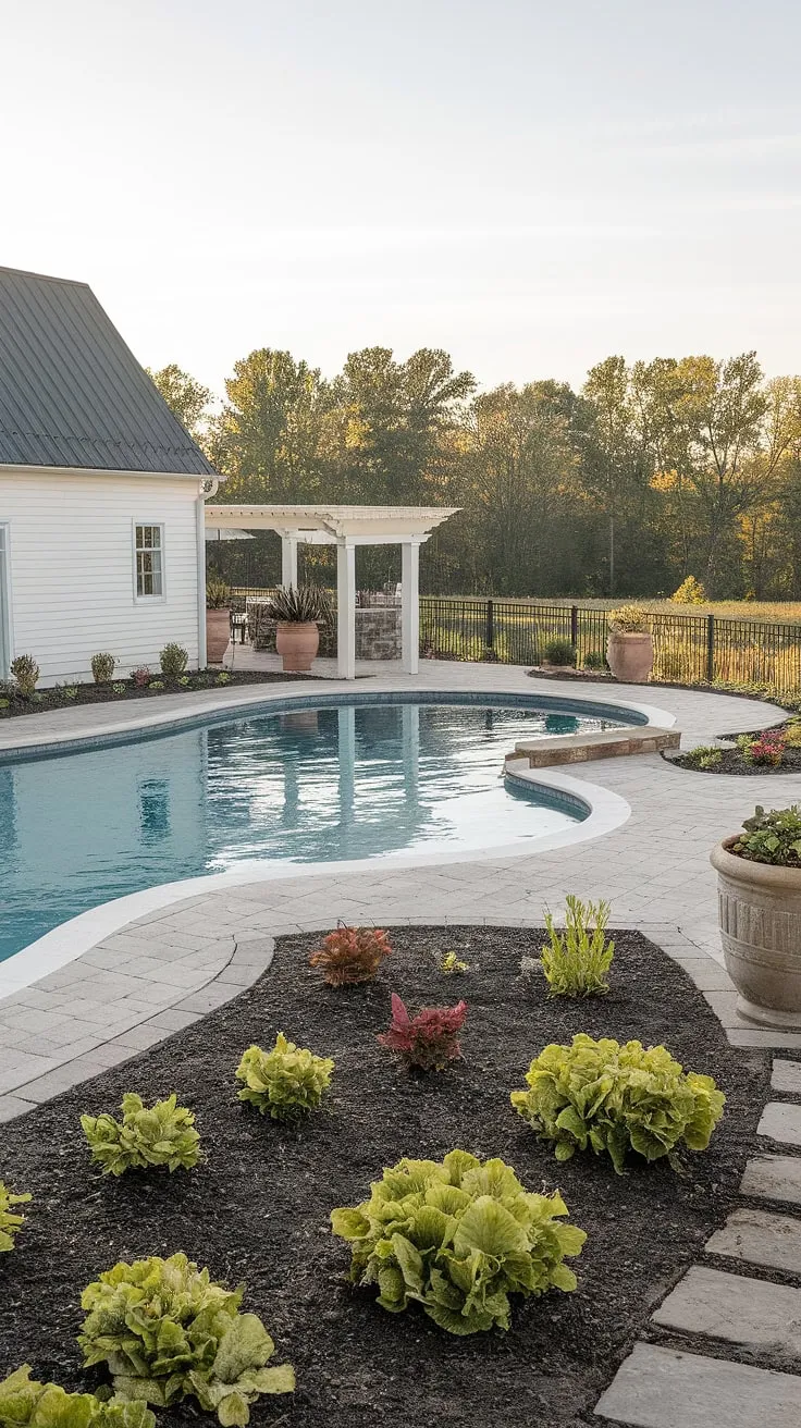 A picture-perfect setting. This idyllic farmhouse pool area, featuring a stylish pool house and pergola, is a testament to refined outdoor living. The thoughtfully designed landscaping, with its mix of potted plants and paved surfaces, creates a welcoming and sophisticated space. A dream come true.