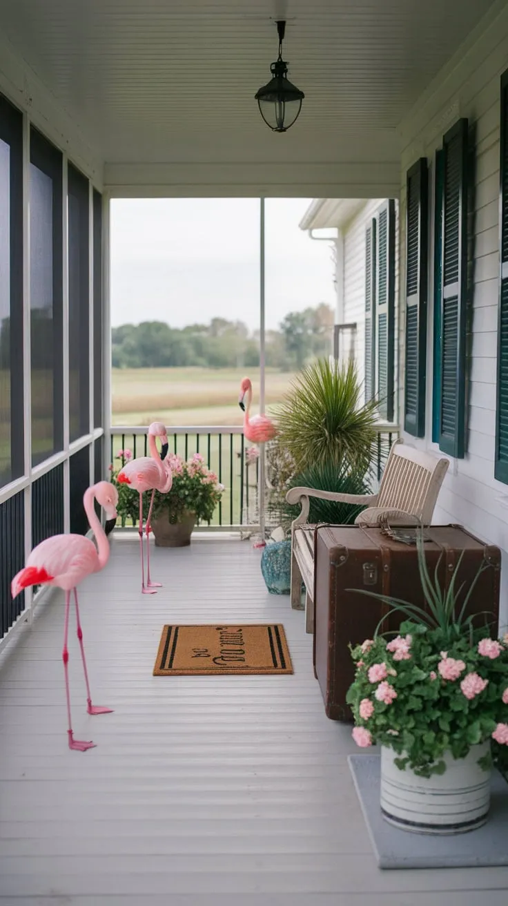 Serene Farmhouse Porch Decor with Flamingos and Potted Plants