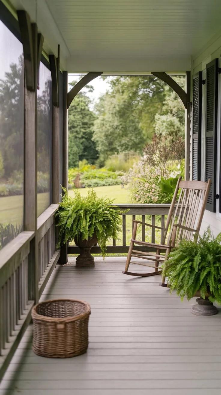 Cozy Screened Porch Oasis with Rustic Touches