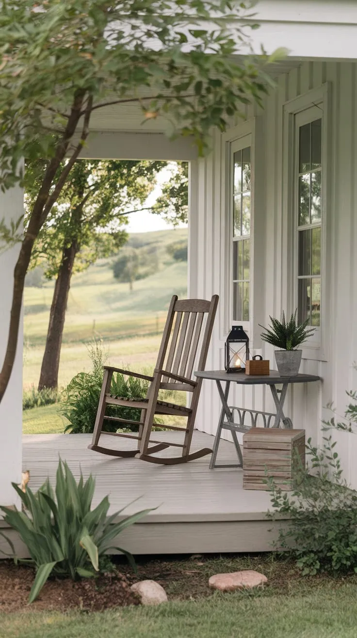 Charming Farmhouse Porch Decor in a Serene Setting