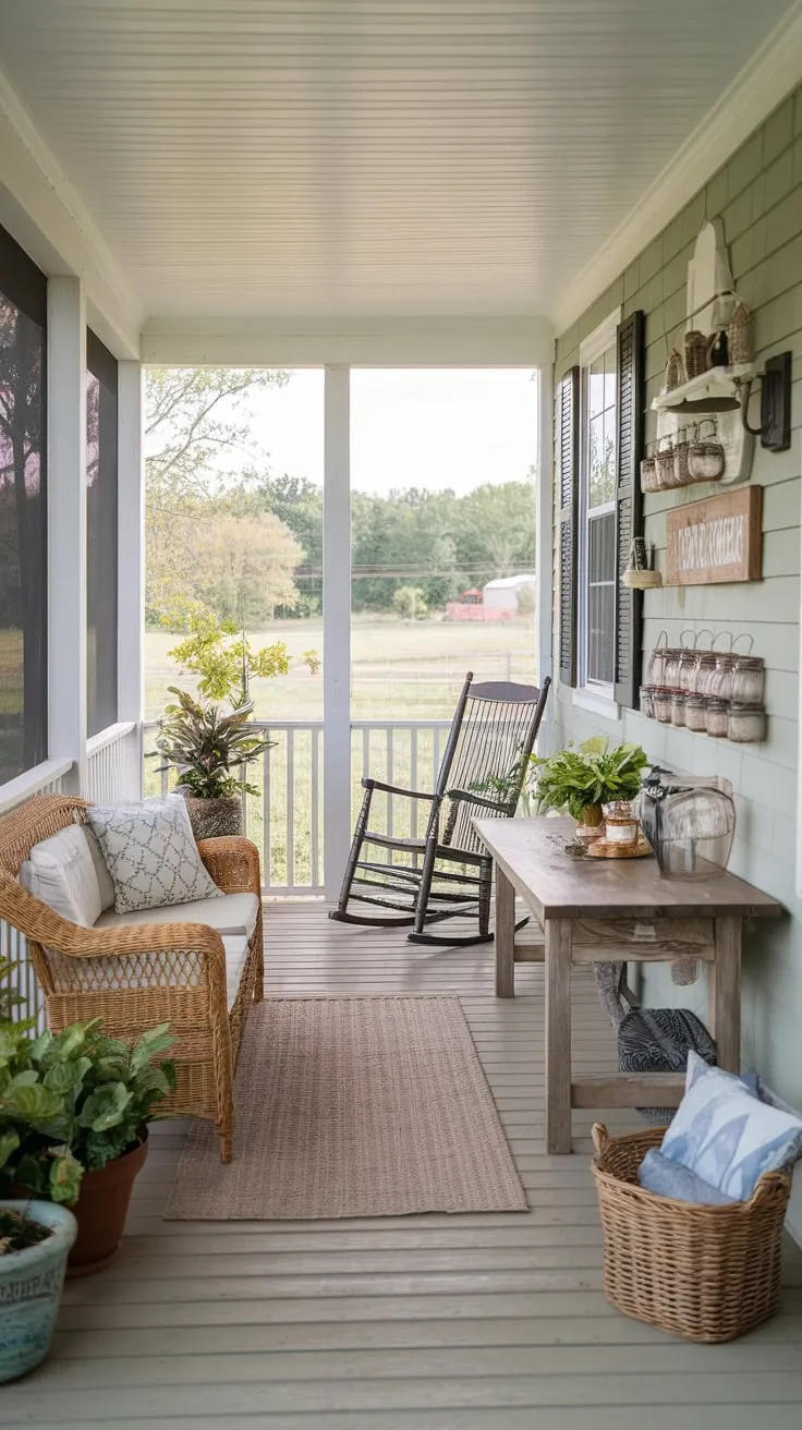 Serene Screened-In Porch with Wicker and Whimsy