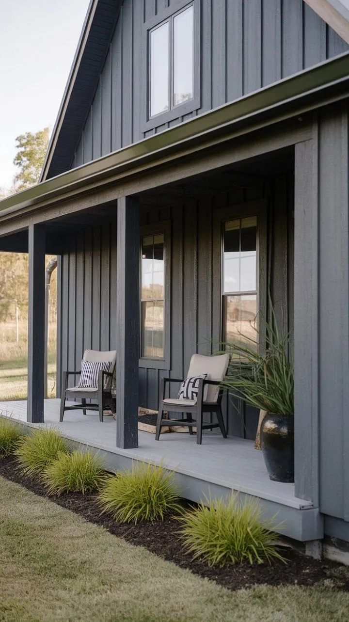 This charming gray farmhouse fixer-upper, with its dark wood accents and inviting porch, offers a blank canvas for your personal touch and the promise of cozy elegance.