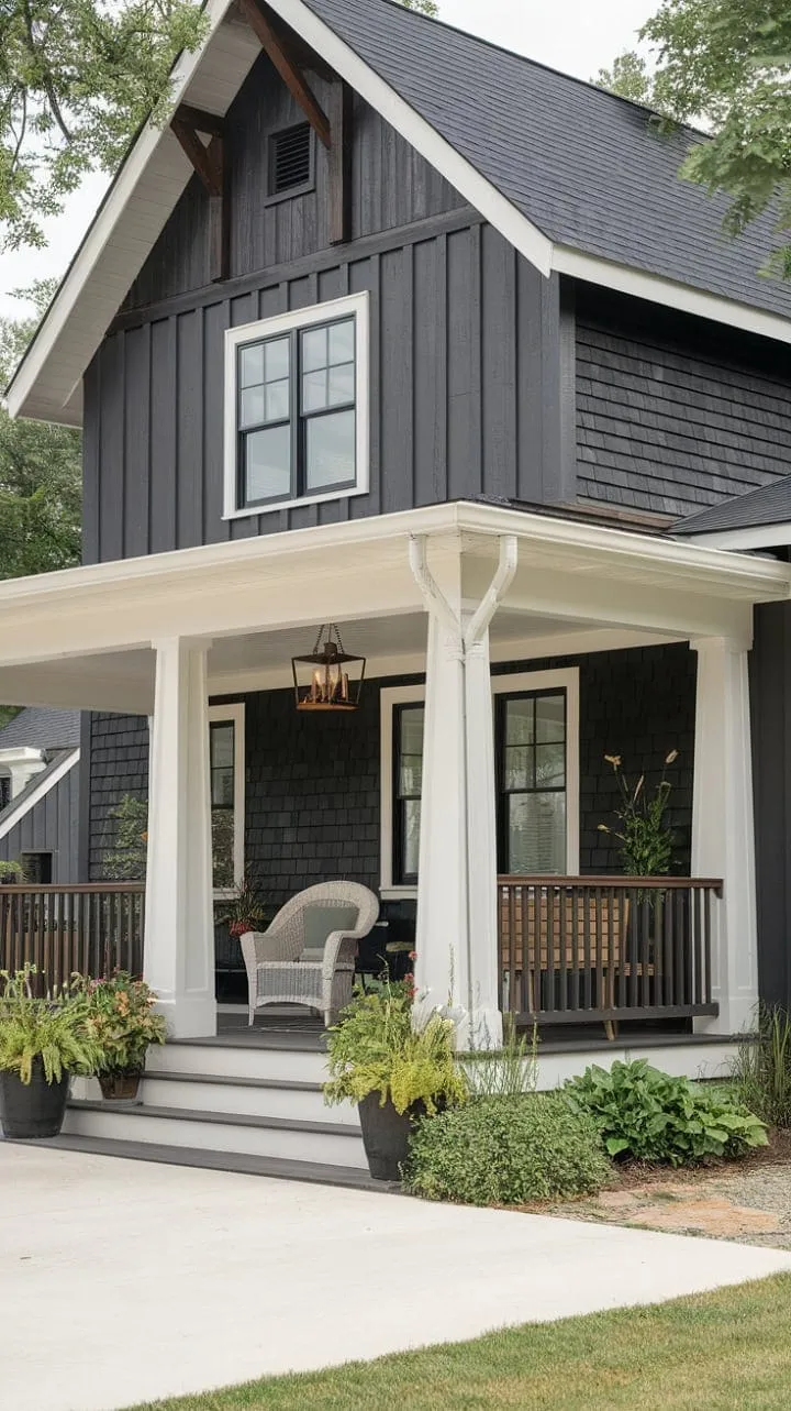 This modern farmhouse, with its dark gray exterior and warm wood accents, invites you into a stylishly curated haven of tranquility.