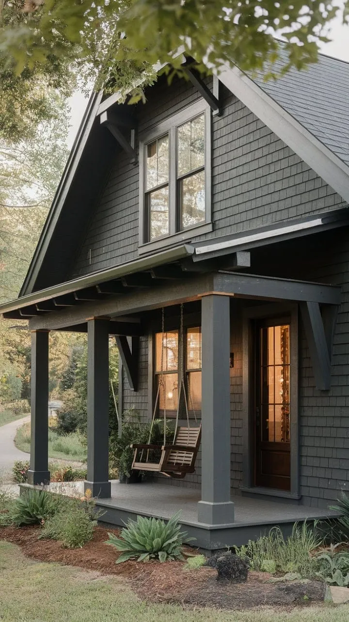 Nestled on a hillside, the gray farmhouse invites you to unwind on its craftsman porch, where gentle swings and warm lamplight weave stories of serene evenings amidst tranquil woods.