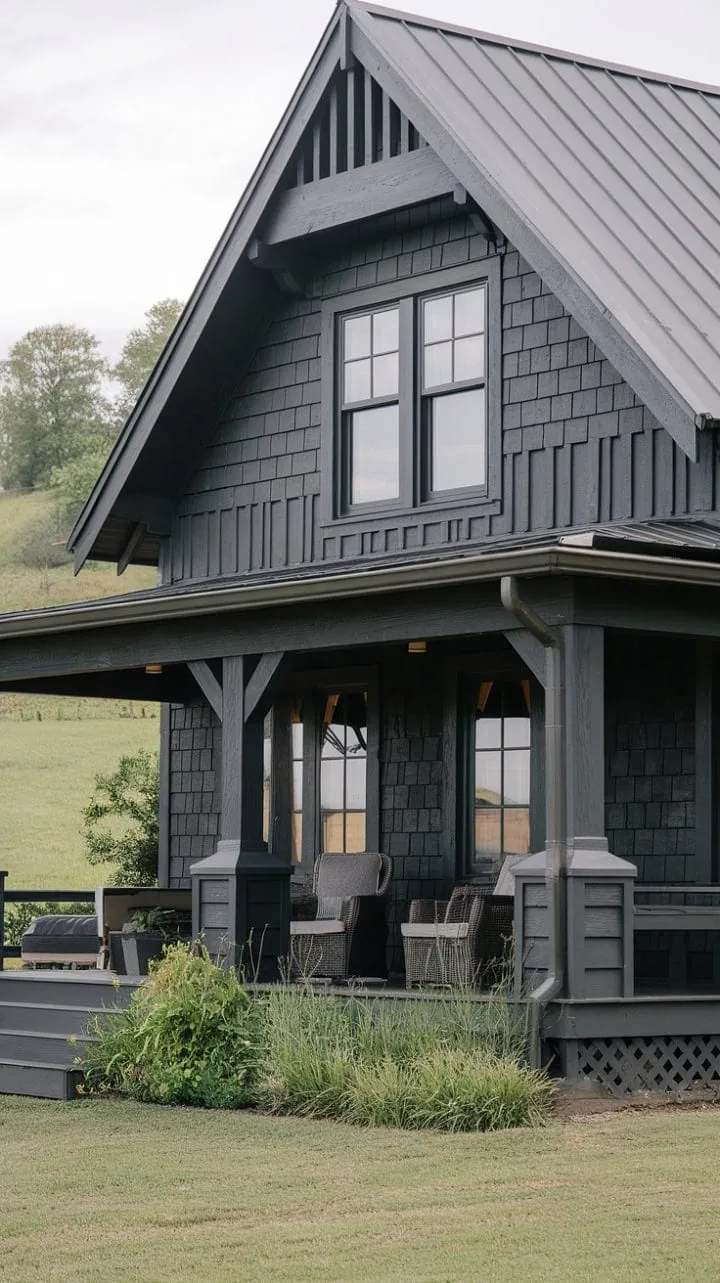 This enchanting dark gray farmhouse, adorned with craftsman details and nestled in lush greenery, embodies a serene sanctuary of rustic charm and modern comfort.