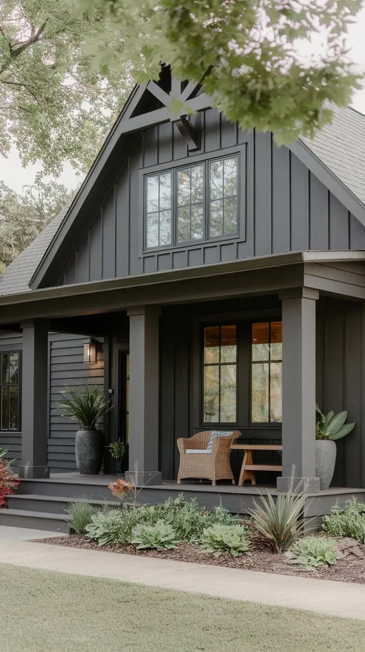 This modern farmhouse harmoniously fuses classic Craftsman charm with contemporary elegance, inviting you to unwind on its welcoming porch adorned with rich wood accents and lush greenery.