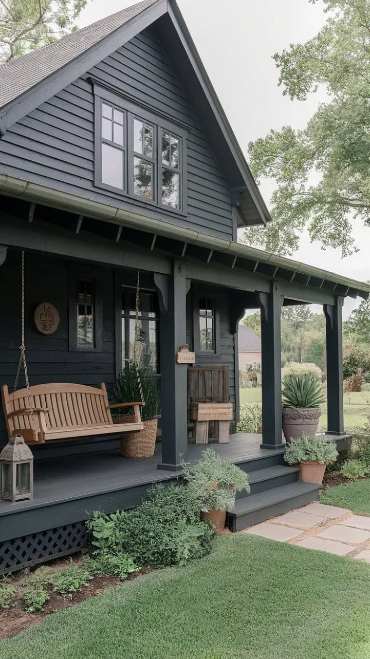 This enchanting gray farmhouse, adorned with craftsman details and rustic charm, offers a serene sanctuary for lazy afternoons and quiet evenings.