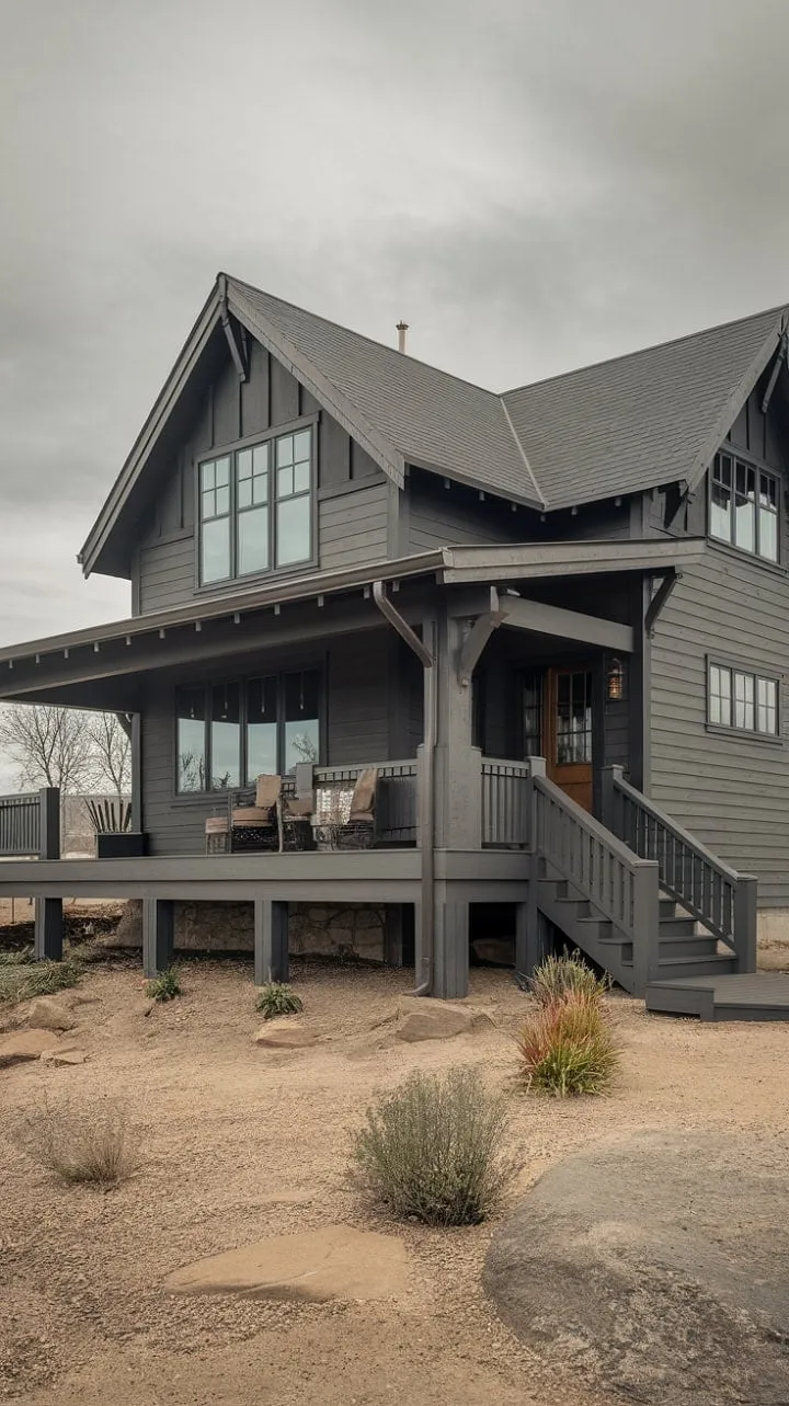 Perched on a rocky outcrop, this dark gray craftsman farmhouse harmoniously marries rustic charm with sophisticated design, inviting all to discover its cozy elegance.