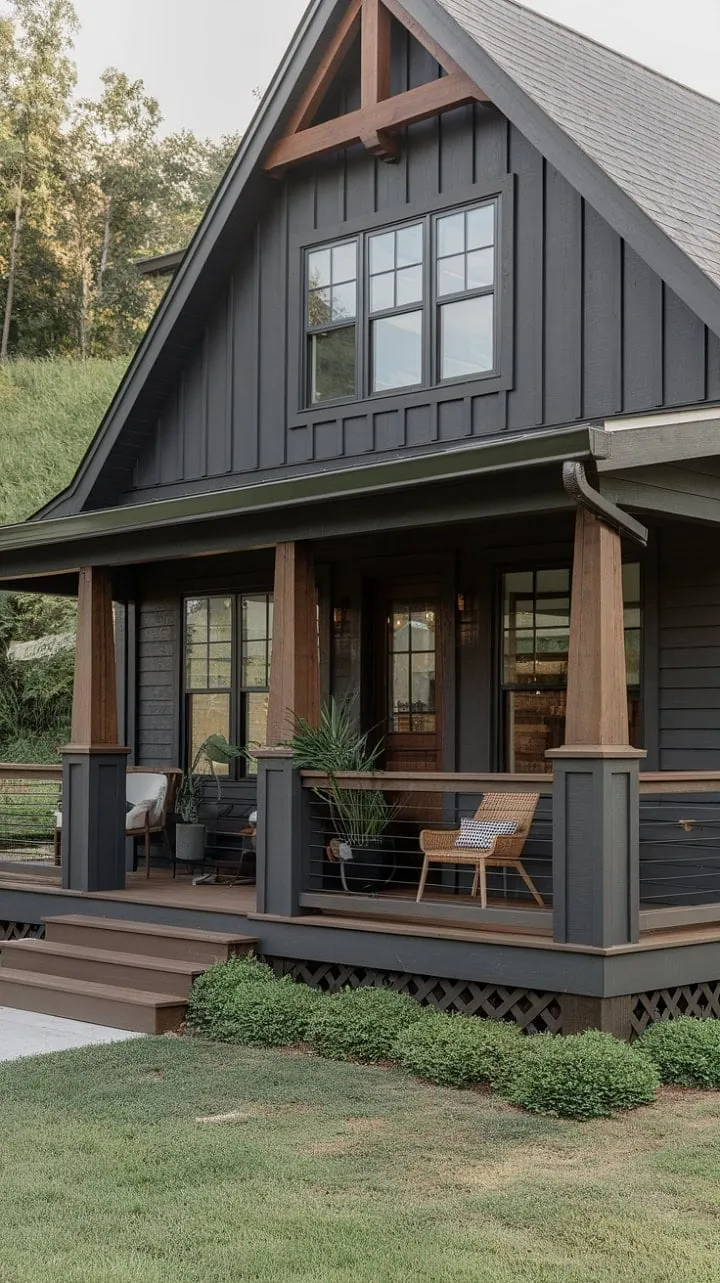This modern farmhouse harmoniously combines rustic charm and contemporary elegance, featuring a serene porch that invites relaxation amidst a vibrant landscape.