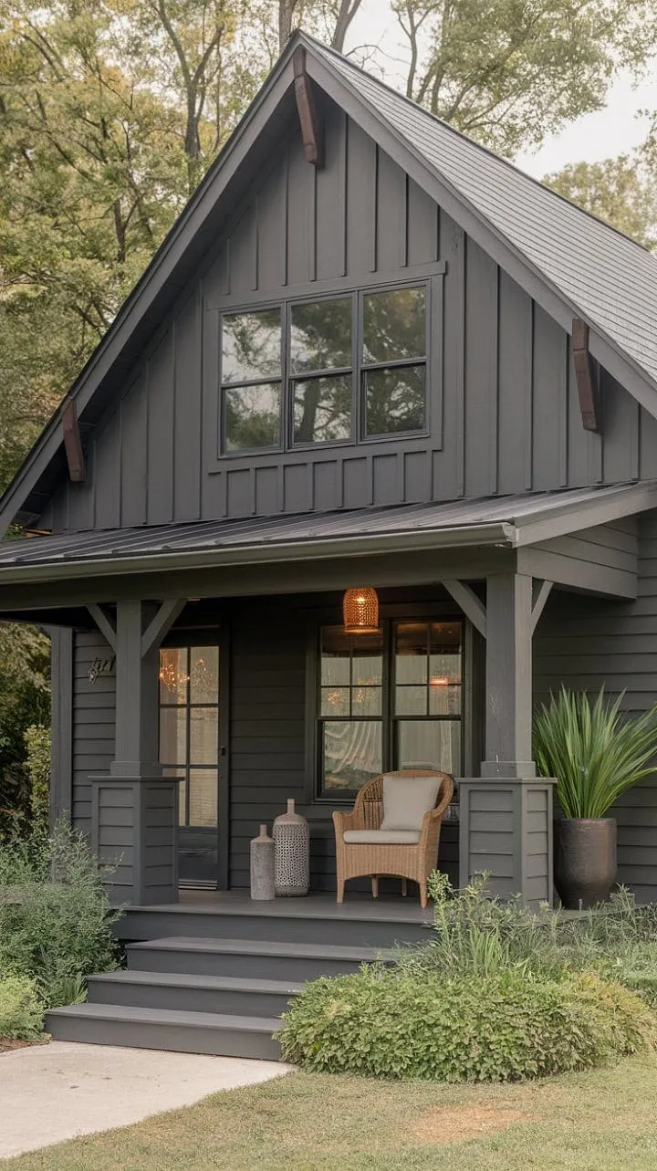 This charming farmhouse seamlessly merges modern and traditional design, featuring a cozy front porch that beckons relaxation amidst lush landscaping.