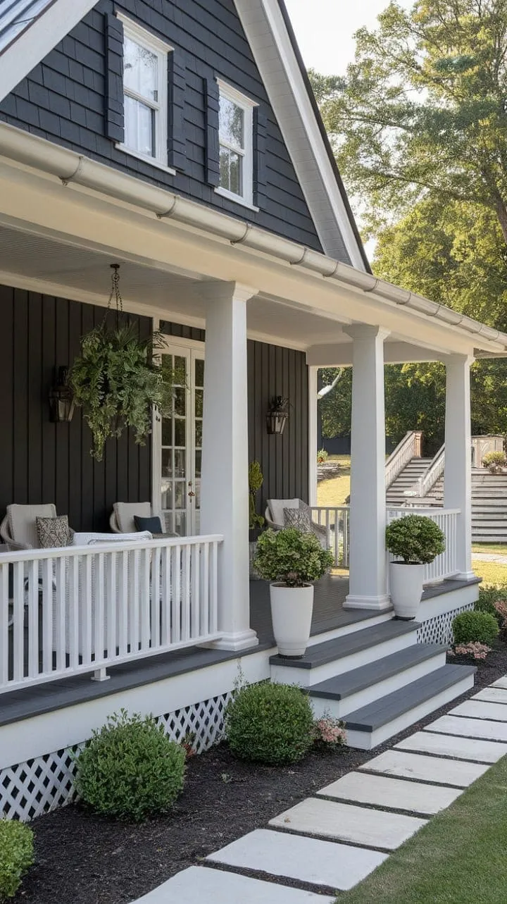 The dark gray farmhouse porch, adorned with white accents and inviting wicker furniture, beckons you to unwind amidst lush greenery and embrace serene moments of contemplation.