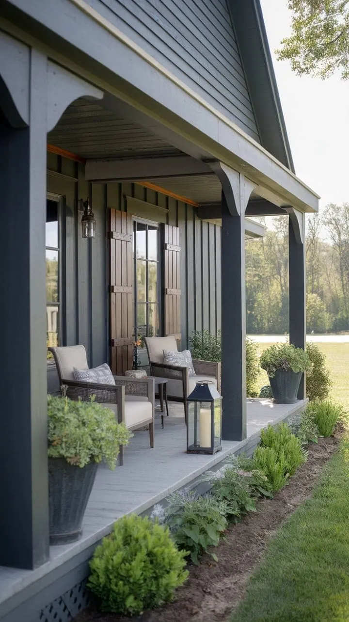 On a tranquil farmhouse porch, the warm glow of a lantern dances against dark gray siding, inviting you to unwind amidst the serene beauty of potted plants and the stillness of the countryside.
