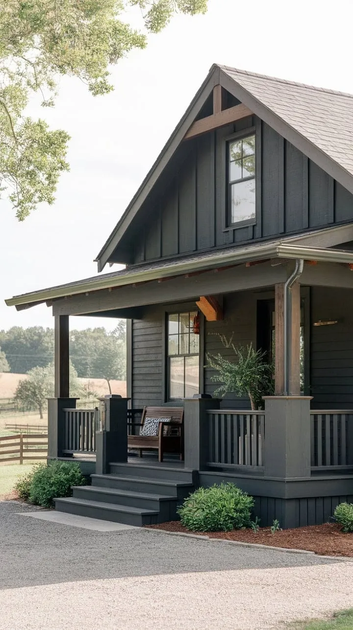 Nestled in serene countryside, a timeless gray farmhouse with a welcoming porch beckons you to unwind and embrace its tranquil charm.