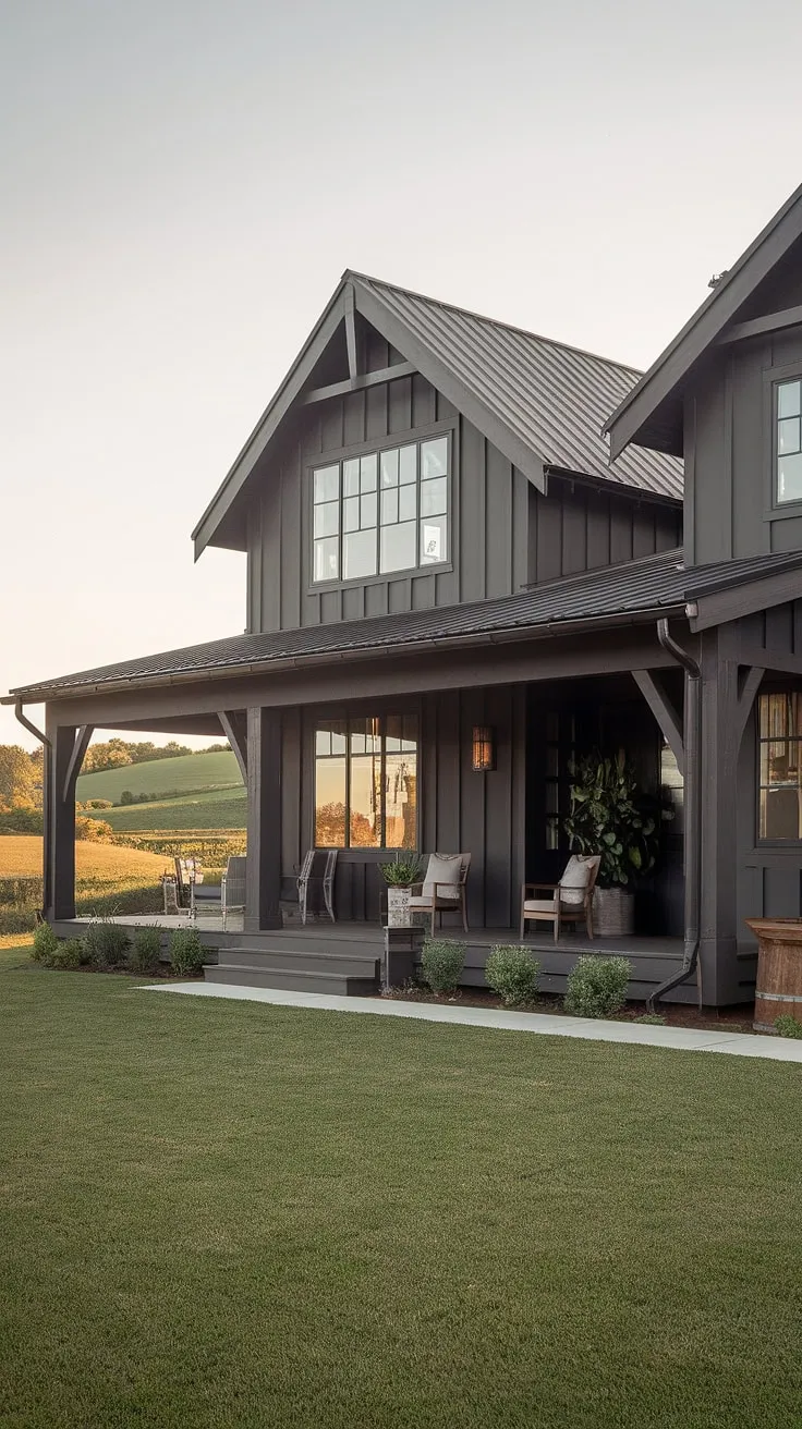 Nestled amidst rolling hills, this dark gray modern farmhouse boasts a blend of craftsman details and contemporary elegance. A welcoming front porch, complete with comfortable seating and a touch of greenery, invites you to relax and soak in the breathtaking views. A true sanctuary.