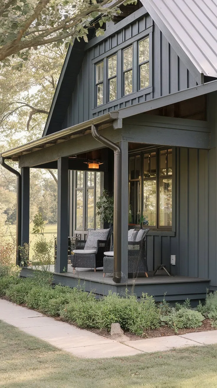 A charming Craftsman farmhouse, its dark exterior a striking contrast to the lush landscape. The inviting porch, with its comfortable seating and potted plant, beckons you to relax and enjoy the tranquility of nature. A perfect escape.