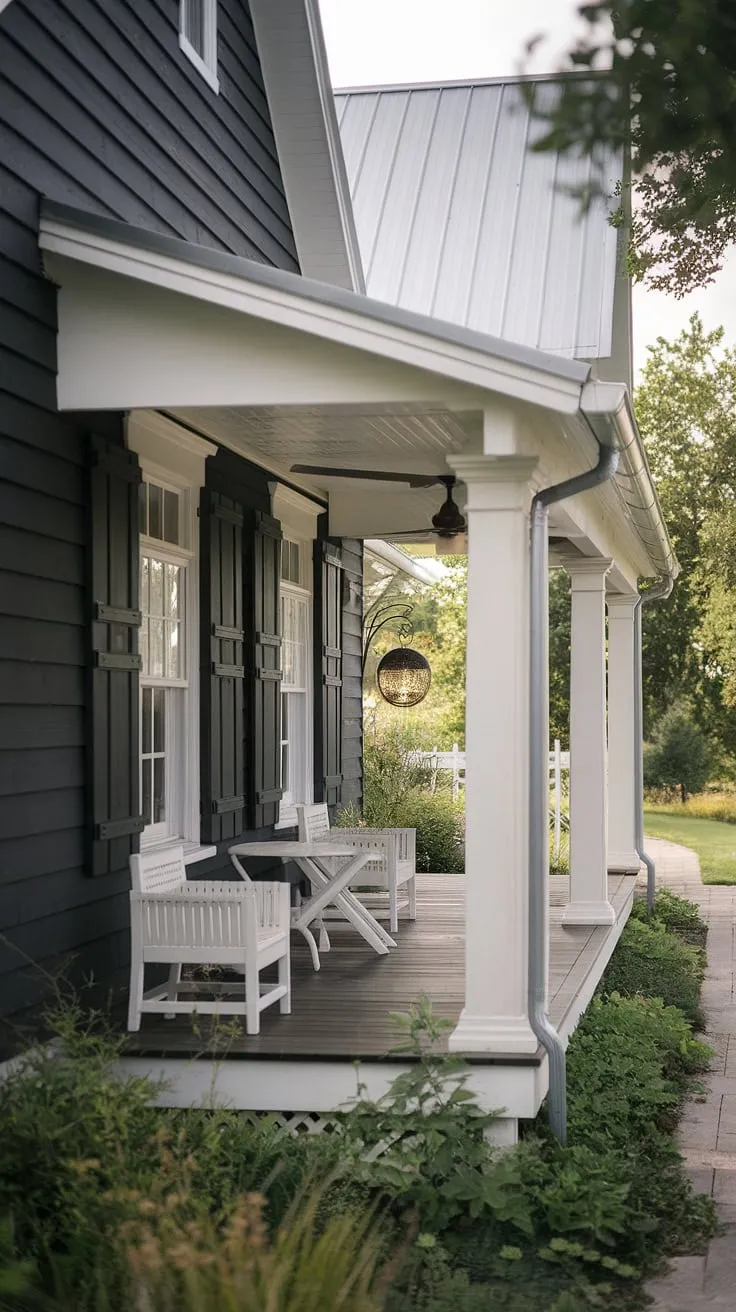 This farmhouse porch, with its dark gray exterior and dark wood accents, offers a tranquil escape. The white columns, metal roof, and white furniture create a charming contrast against the rustic backdrop of lush greenery and a winding pathway. A perfect spot for a quiet morning coffee or a relaxing evening with friends. A true testament to timeless design and peaceful living.
